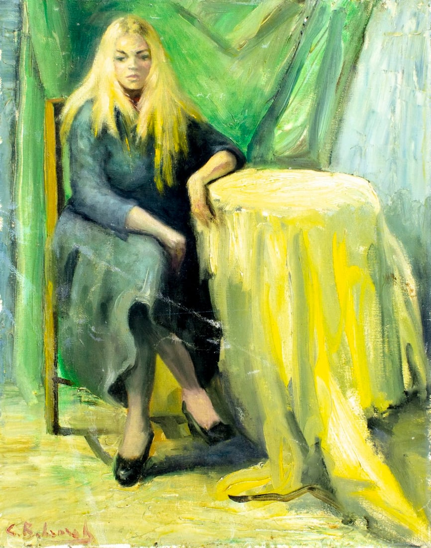 Charles Bohannah (NY,1910-1985) oil painting: ARTIST: Charles F Bohannah (New York, 1910 - 1985) TITLE: Woman by the Table MEDIUM: oil on canvas CONDITION: Unstretched (In-House stretching available) (In-House stretch