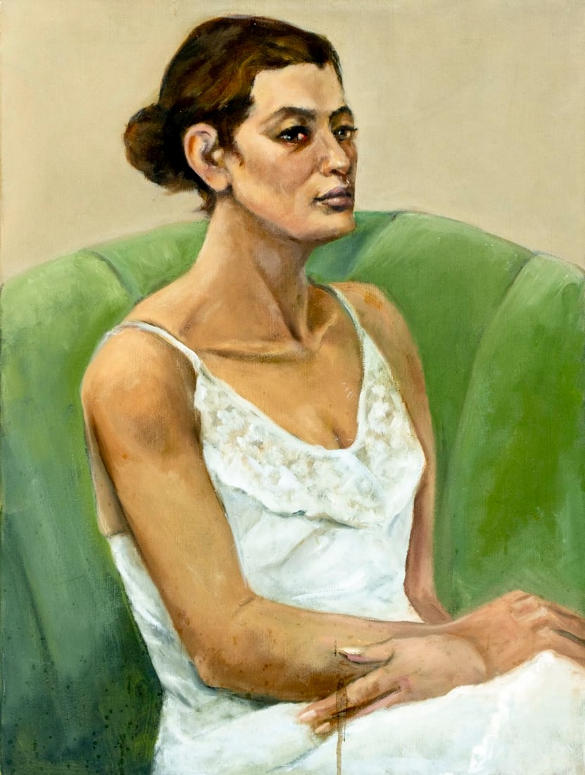 Penny Purpura (US,20C) oil painting: ARTIST: Penny Purpura (American, 20 century) TITLE: Portrait of Woman MEDIUM: oil on canvas CONDITION: Some drip marks by the lower edge. No visible inpaint under UV light.