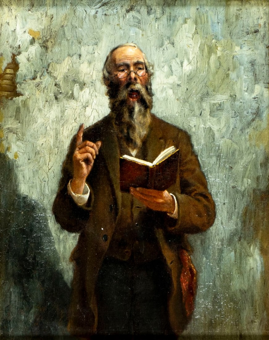 Antique early 20C American oil painting: ARTIST: - (American, early 20 century) TITLE: Portrait of Man with Book MEDIUM: oil on canvas CONDITION: Few small paint losses. Some craquelure. One minor inpainting in t