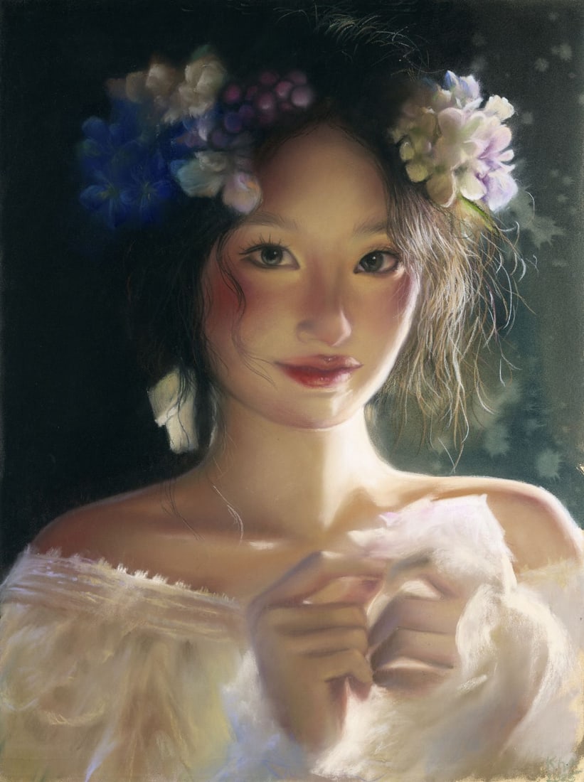 Elena Khafuz (Ukraine,b 1991) pastel painting: ARTIST: Elena Khafuz (Ukrainian, born 1991) TITLE: Portrait of Woman with Wreath MEDIUM: pastel on heavy paper CONDITION: Very good. ART SIZE: 16 x 12 in