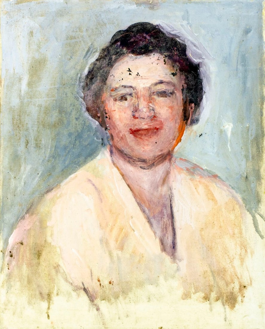Helen DuMond (NY,CA,OR,1872-1968) oil painting: ARTIST: Helen Savier DuMond (New York, California, Oregon, 1872 - 1968) TITLE: Portrait of Woman MEDIUM: oil on canvas CONDITION: Some scratches/paint losses (see pictures