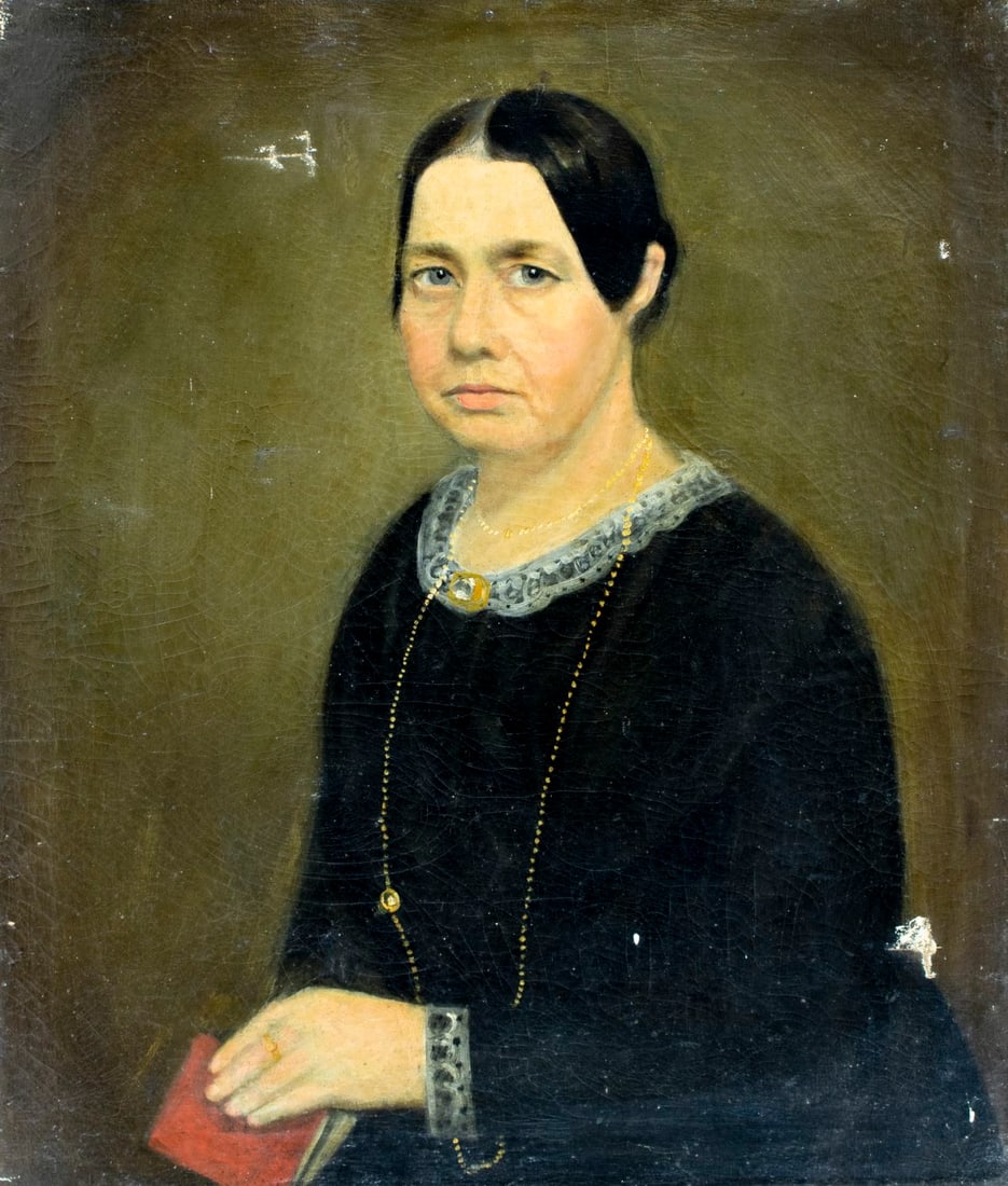 Antique 19C American oil painting: ARTIST: - (American, 19 century) TITLE: Portrait of Woman MEDIUM: oil on canvas CONDITION: Four patches. Some scratches/paint losses. Some craquelure. Some scattered small