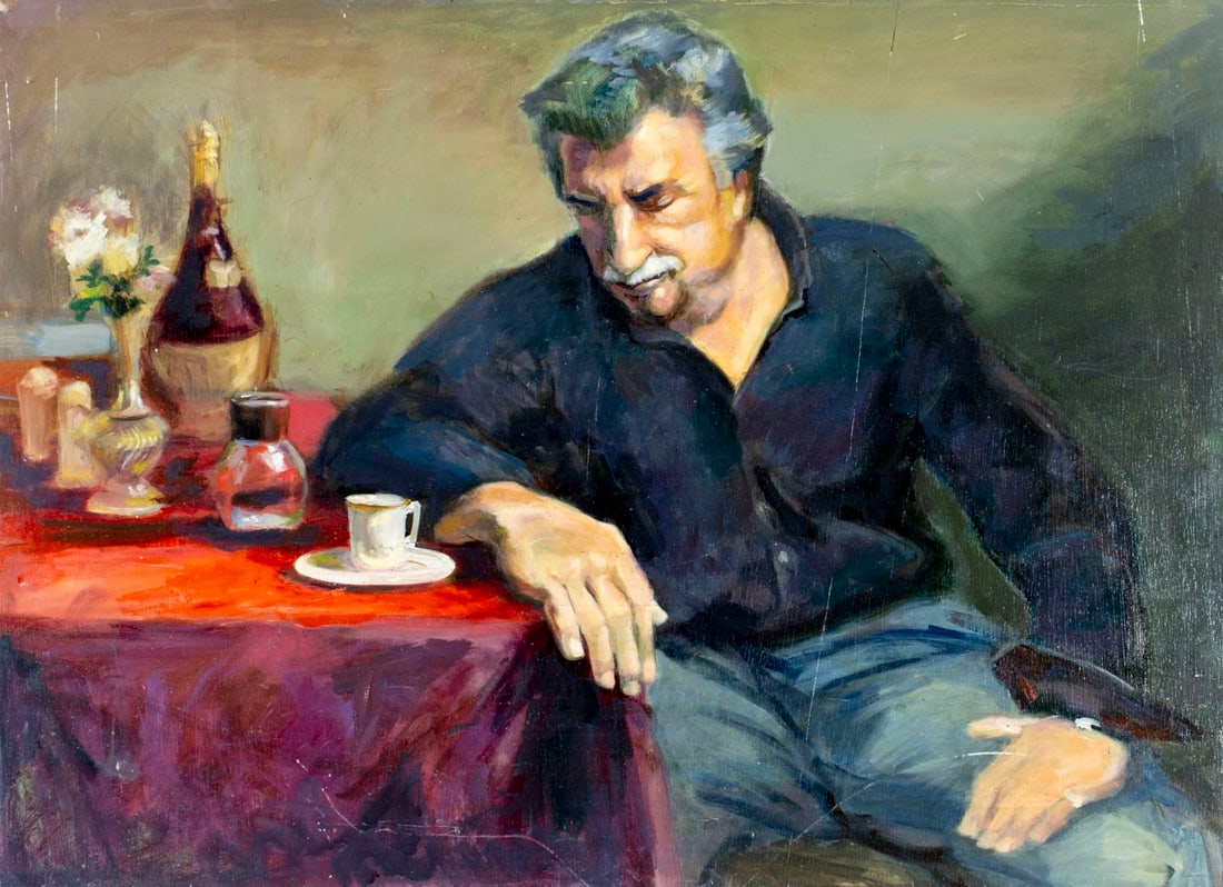 John Reilly (NY,NJ,1942-2021) oil painting: ARTIST: John Reilly (New York, New Jersey, 1942 - 2021) TITLE: Man at Table MEDIUM: oil on board CONDITION: Minor damage to the upper right corner. Some scratches/paint lo