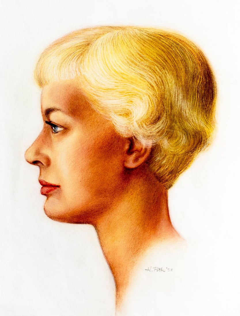 Hal Poth (MO,1924-2017) pastel painting: ARTIST: Harold Ernst Poth (Missouri, 1924 - 2017) TITLE: Portrait of Woman YEAR: 1958 MEDIUM: pastel on paper CONDITION: Few small tears to edges. Few