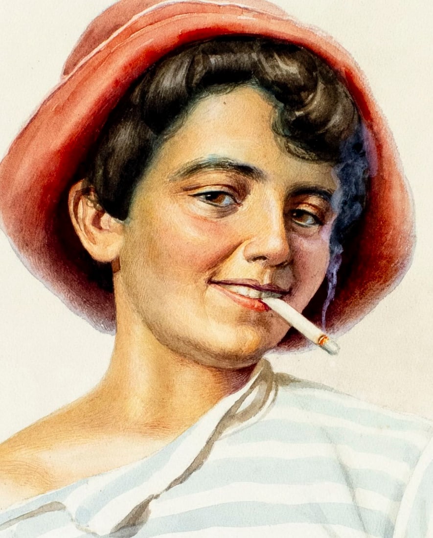 Antonio Fiorentino (Italy,1894-1962) watercolor painting: ARTIST: Antonio Fiorentino (Italian, 1894 - 1962) TITLE: Portrait of Smoking Boy MEDIUM: watercolor on paper CONDITION: Minor foxing (just few spots). Some age toning. Fra
