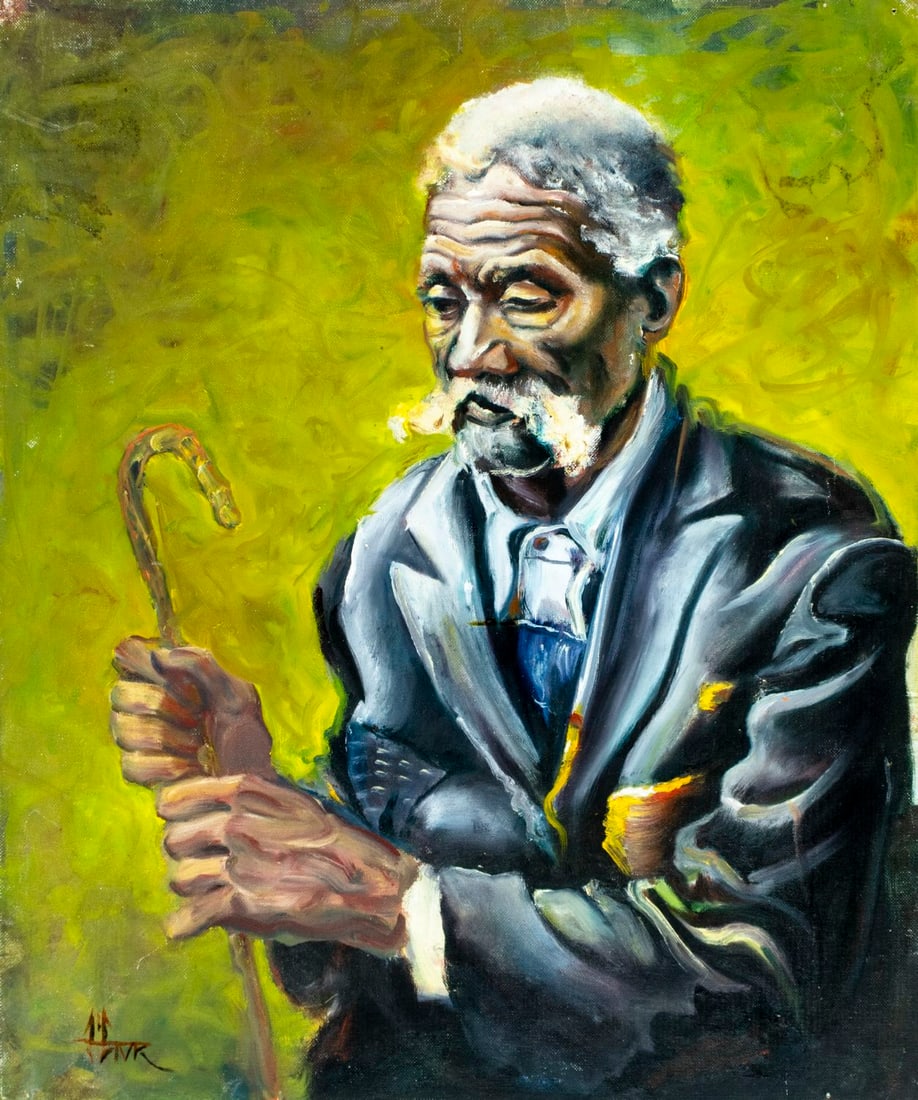 Vintage mid 20C American oil painting signed: ARTIST: - (American, mid 20 century) TITLE: Portrait of Old Man with Cane MEDIUM: oil on canvas board CONDITION: Some small damages to corners. Few nail holes along edges.