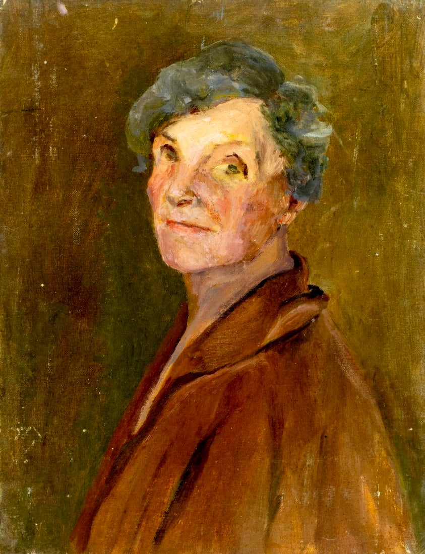 Helen DuMond (NY,CA,OR,1872-1968) oil painting: ARTIST: Helen Savier DuMond (New York, California, Oregon, 1872 - 1968) TITLE: Portrait of Woman MEDIUM: oil on canvas board CONDITION: Slight warping of the board. Some s