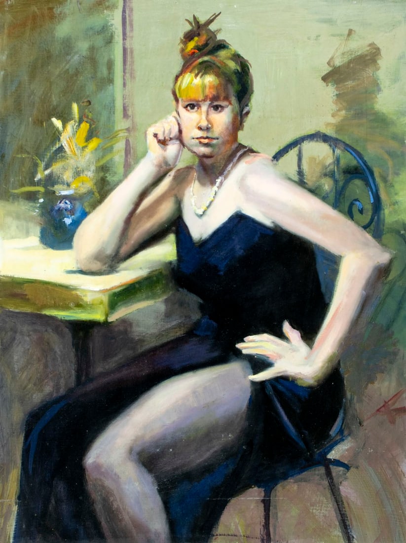 John Reilly (NY,NJ,1942-2021) oil painting: ARTIST: John Reilly (New York, New Jersey, 1942 - 2021) TITLE: Portrait of Woman in Black Dress MEDIUM: oil on board CONDITION: Some scratches mostly in the lower right qu