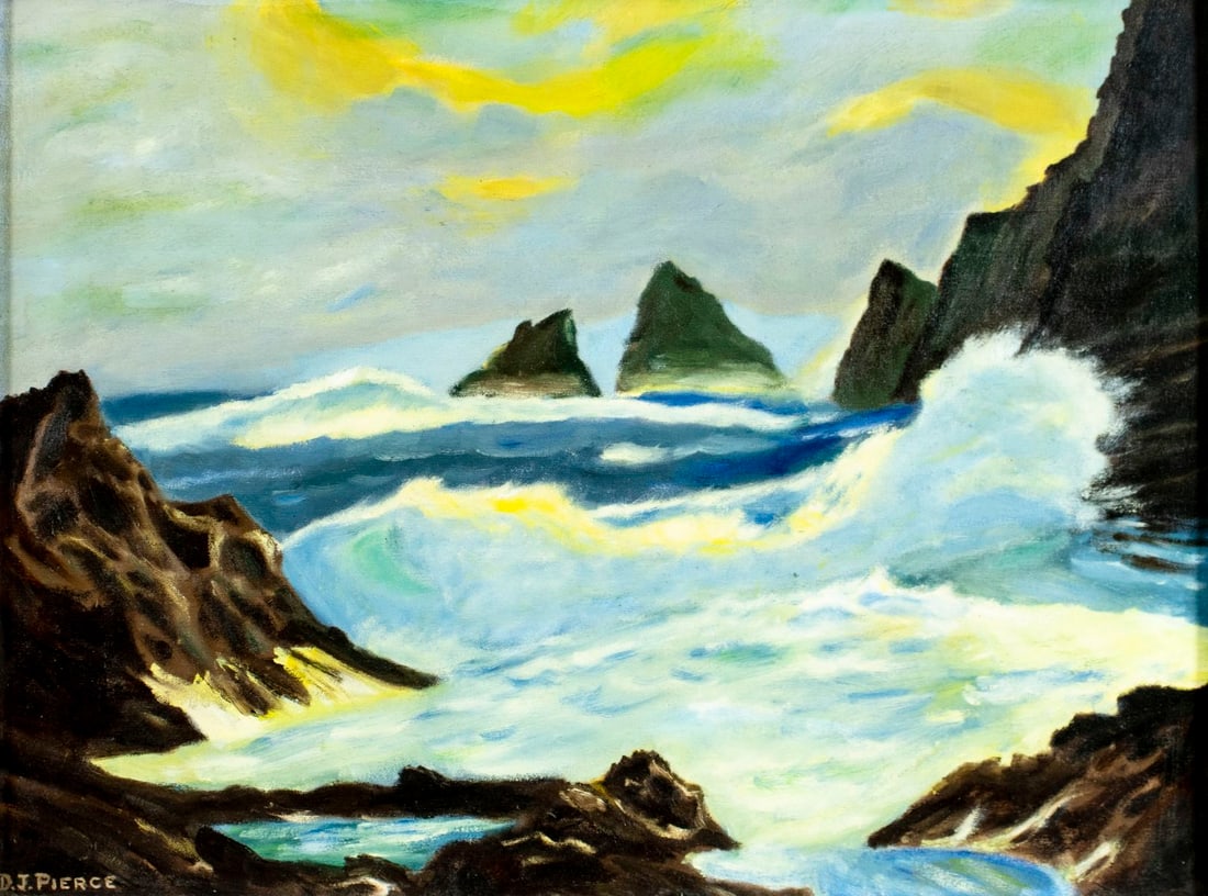 D J Pierce (US,20C) oil painting: ARTIST: D J Pierce (American, 20 century) TITLE: Sunset Seascape MEDIUM: oil on canvas CONDITION: Overall good. No visible inpaint under UV light. Wear to frame.