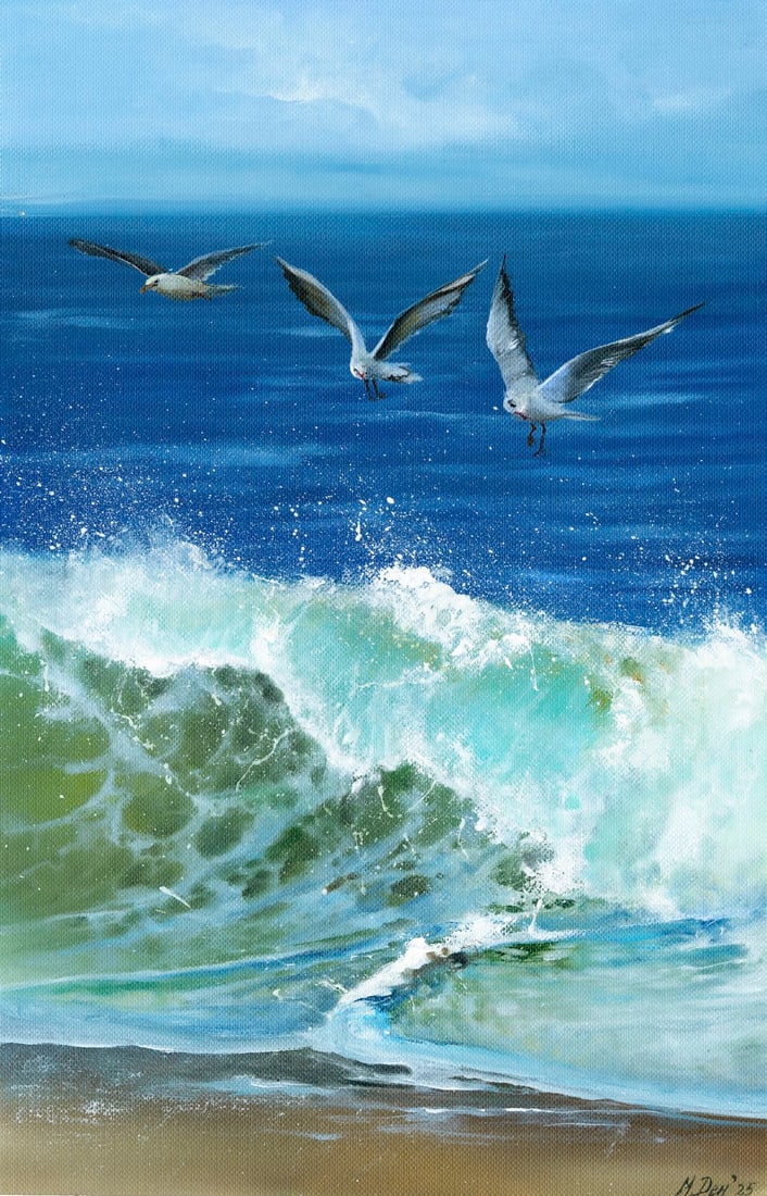 Miroslava Denisyuk (Ukraine,20/21C) oil painting: ARTIST: Miroslava Denisyuk (Ukrainian, 20/21 centuries) TITLE: Seascape - Big Wave (titled on verso) MEDIUM: oil on heavy paper CONDITION: Very good. No visible inpaint unde