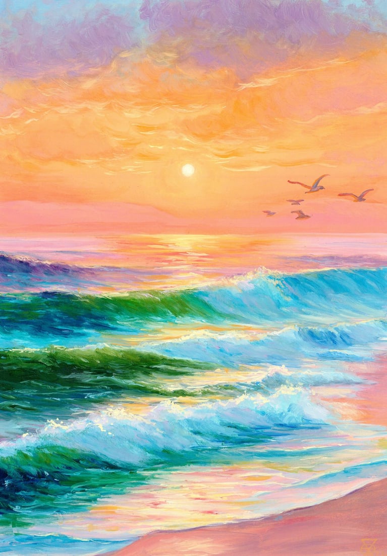Oleksandr Pukhno (Ukraine,20/21C) oil painting: ARTIST: Oleksandr Pukhno (Ukrainian, 20/21 centuries) TITLE: Sunset Seascape with Gulls MEDIUM: oil on heavy paper CONDITION: Very good. No visible inpaint under UV light.