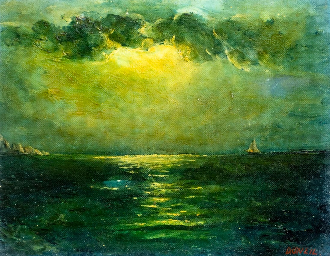 D O'Neil (US,mid 20C) oil painting: ARTIST: D O'Neil (American, mid 20 century) TITLE: Sunset Seascape with Sailboat MEDIUM: oil on canvas board CONDITION: Few minor paint losses. No visible inpaint under UV l