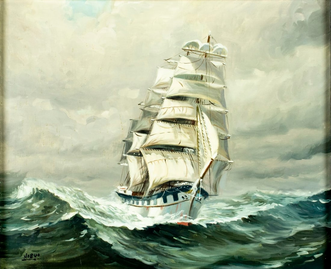Nobuo (20C) oil painting: ARTIST: Nobuo (20 century) TITLE: Seascape with Sail Ship MEDIUM: oil on canvas CONDITION: Few minor scratches/paint losses mostly along edges. No visible inpaint under UV l