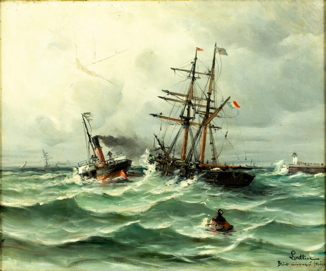 Letellier (France,19C) oil painting antique: ARTIST: Letellier (French, 19 century) TITLE: Tug Boat Towing Ship MEDIUM: oil on canvas CONDITION: One patch. One repaired puncture. Minor damage to the upper left corner o