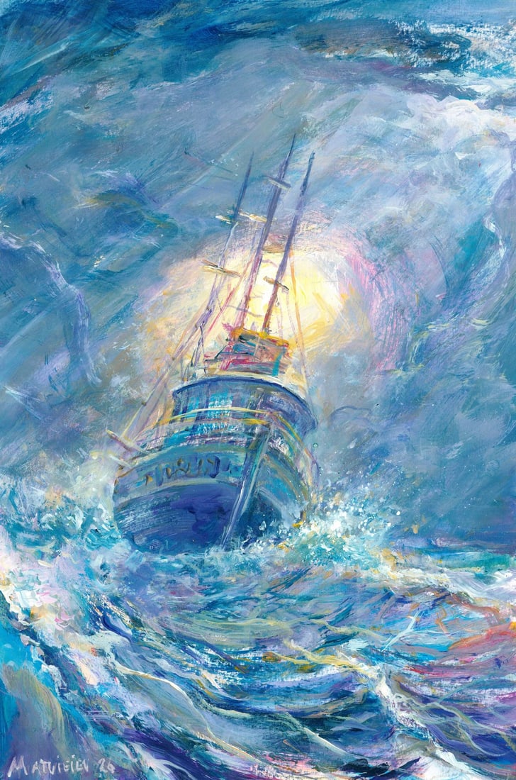 Andriy Matveiev (Ukraine,b 1988) oil painting: ARTIST: Andriy Matveiev (Ukrainian, born 1988) TITLE: Stormy Seascape with Ship MEDIUM: oil on heavy paper CONDITION: Very good. No visible inpaint under UV light.