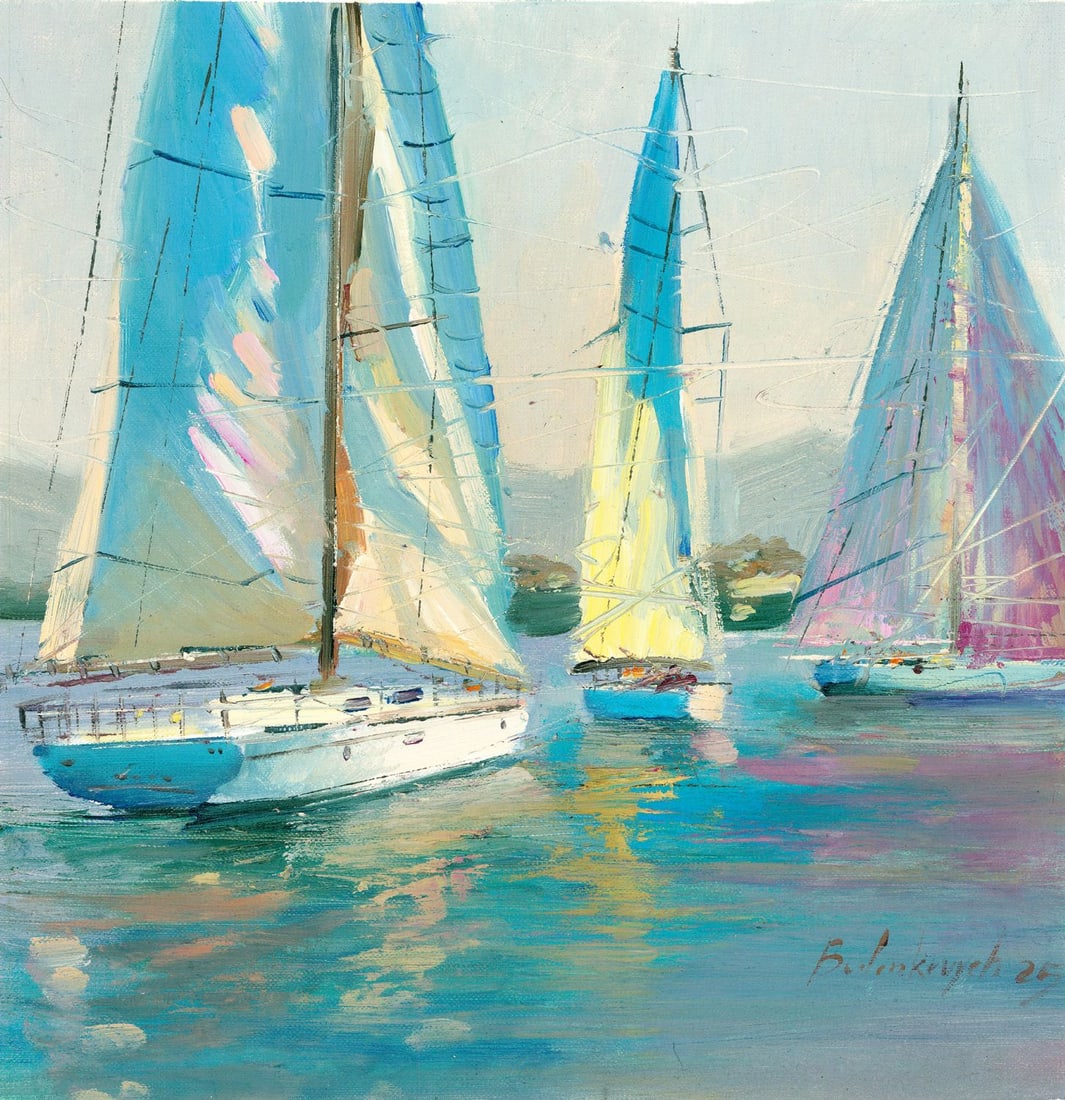 Volodymyr Budenkevych (Ukraine,20/21C) oil painting: ARTIST: Volodymyr Budenkevych (Ukrainian, 20/21 centuries) TITLE: Sailing Yachts MEDIUM: oil on heavy paper CONDITION: Very good. No visible inpaint under UV light.
