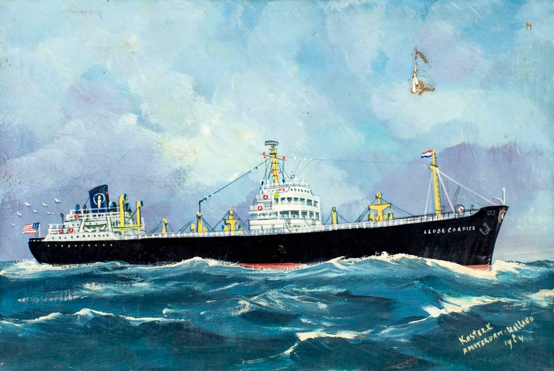 Klaas Koster (Dutch,German,1885-1969) oil painting: ARTIST: Klaas Koster (Netherlands, Germany, 1885 - 1969) TITLE: Ship - Globe Carrier YEAR: 1964 MEDIUM: oil on canvas CONDITION: Two patches. Some damage