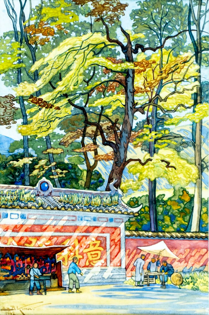 Boris Krenov (Russia,early 20C) watercolor painting antique: ARTIST: Boris Krenov (Russian, early 20 century) TITLE: Chinese Town Scene YEAR: 1942 MEDIUM: watercolor on paper CONDITION: Minor age toning. Framed und