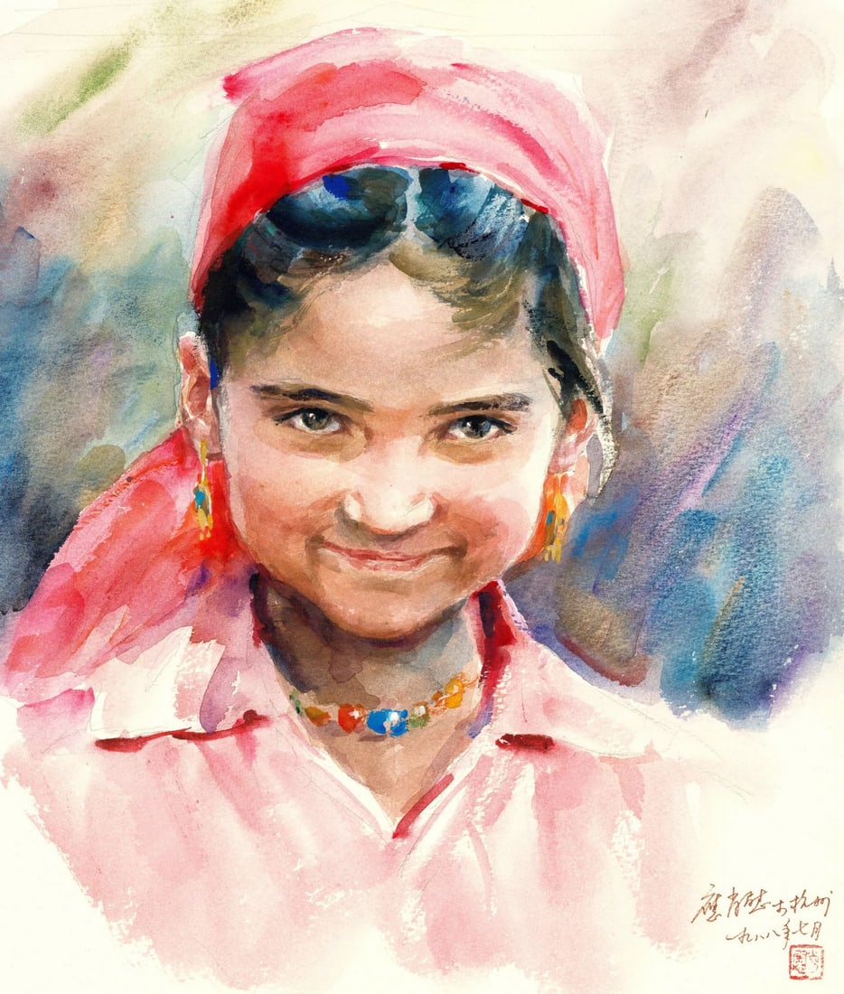 Vintage 20C Chinese watercolor painting signed: ARTIST: - (China, 20 century) TITLE: Portrait of Uyghur Girl YEAR: 1988 MEDIUM: watercolor on heavy paper CONDITION: Few pinholes along edges. Minor ag