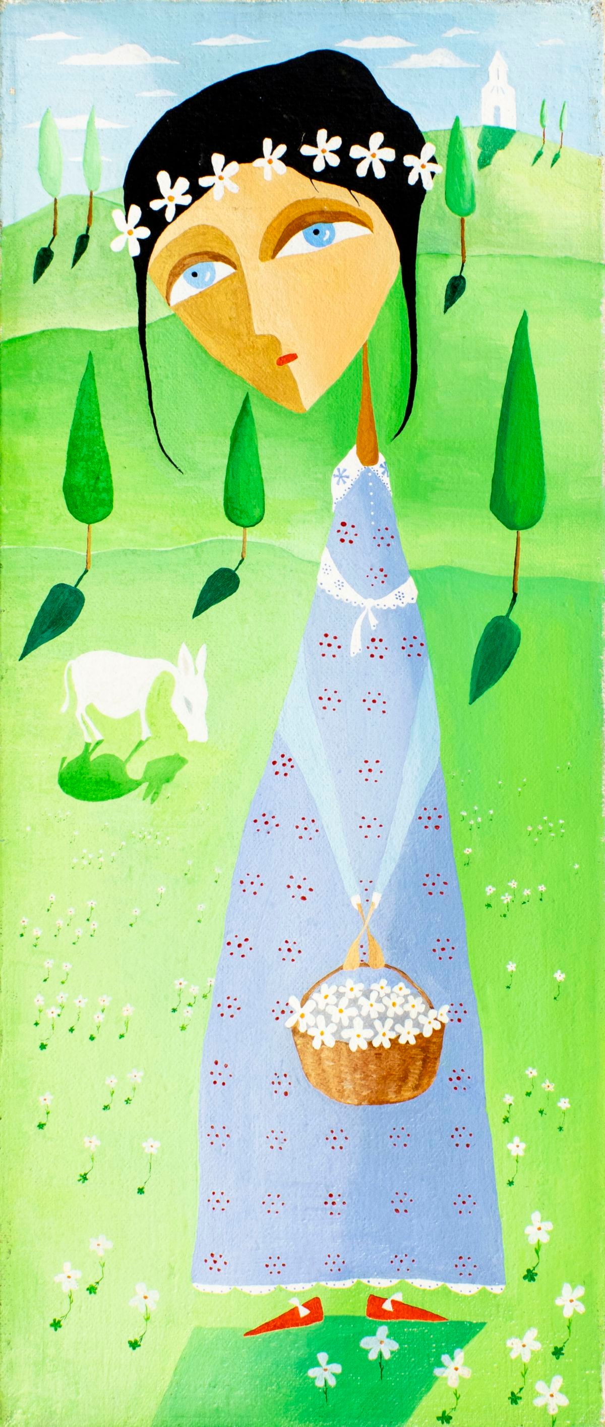 Dato Bregvadze (Georgian,20C) oil painting: ARTIST: Dato Bregvadze (Georgia, 20 century) TITLE: Flower Girl YEAR: 1997 MEDIUM: oil on canvas CONDITION: Few minor paint losses along edges. Minor cra