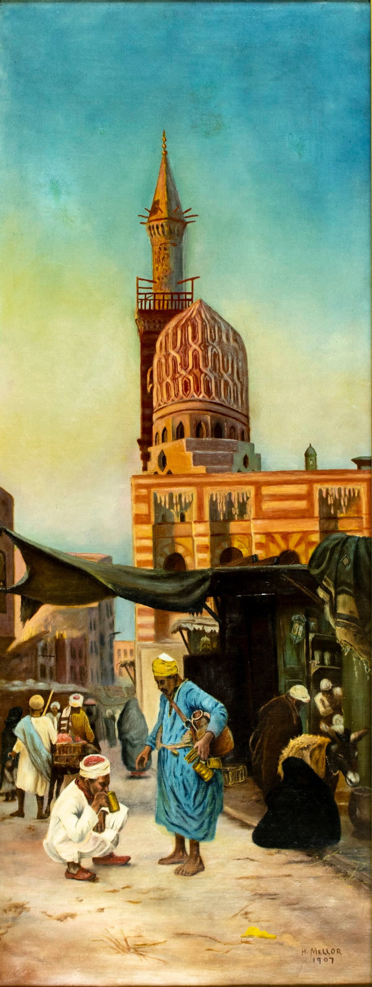 H Mellor (Europe,early 20C) oil painting antique: ARTIST: H Mellor (European, early 20 century) TITLE: Oriental Cityscape YEAR: 1907 MEDIUM: oil on canvas CONDITION: Few repaired punctures. Few pinholes