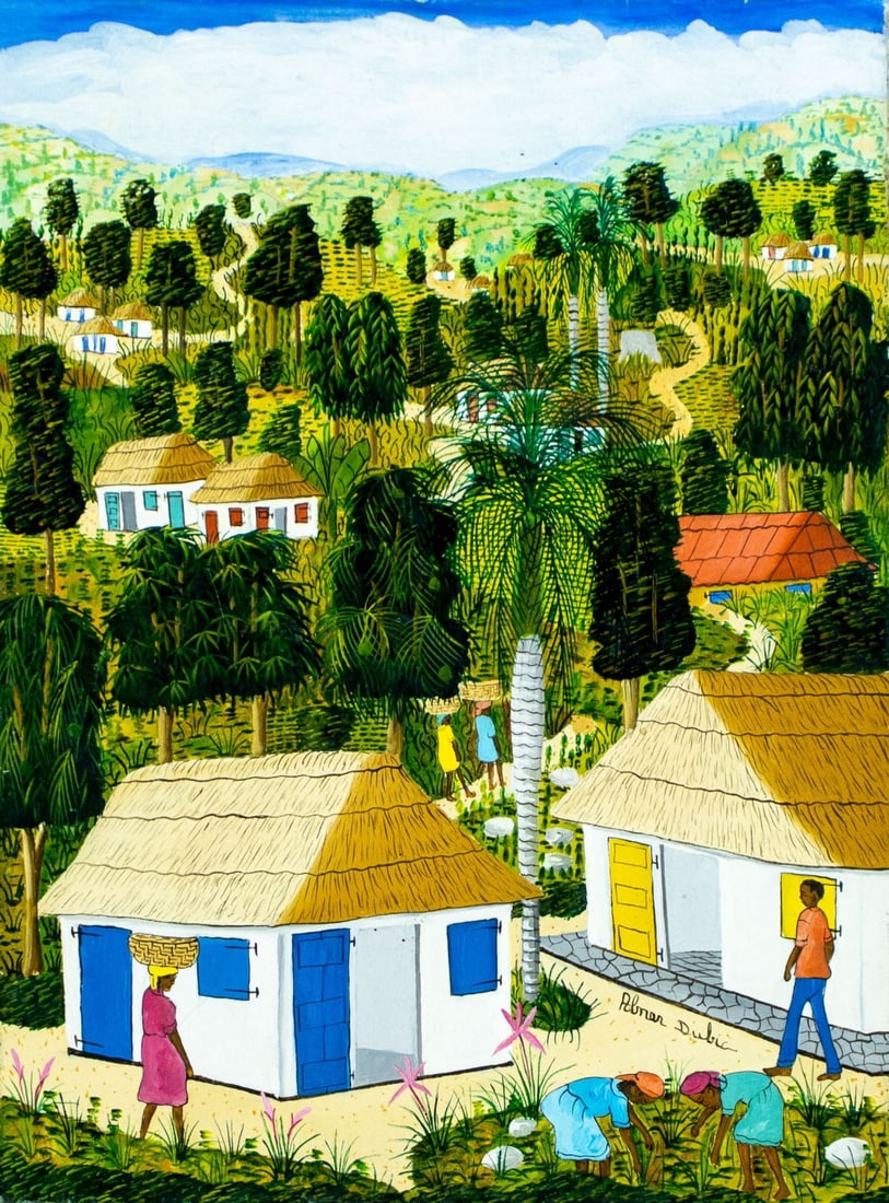 Abner Dubic (Haiti,born 1944) oil painting: ARTIST: Jean Abner Dubic (Haitian, born 1944) TITLE: Haitian Village Landscape MEDIUM: oil on canvas CONDITION: Few nail holes. Minor scratches/paint losses mostly along edg