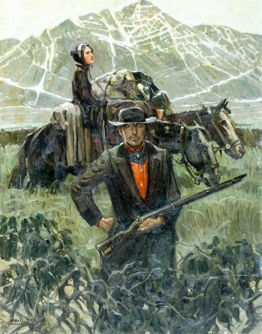 Paul Ickes (NY,MO,1895-?) oil painting: ARTIST: Paul A Ickes (New York, Missouri, 1895 - ???) TITLE: Mormon Settlers MEDIUM: oil on canvas board CONDITION: Few pinholes by the corners. Some scratches. No visible