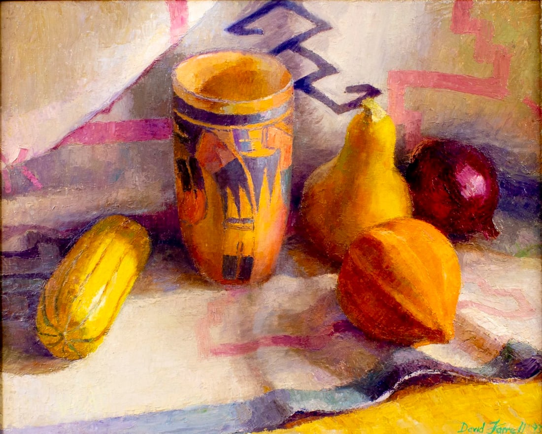 David W Farrell (FL,b 1950) oil painting: ARTIST: David W Farrell (Florida, born 1950) TITLE: Western Still Life YEAR: 1993 MEDIUM: oil on board CONDITION: Few minor paint losses. No visible inpa
