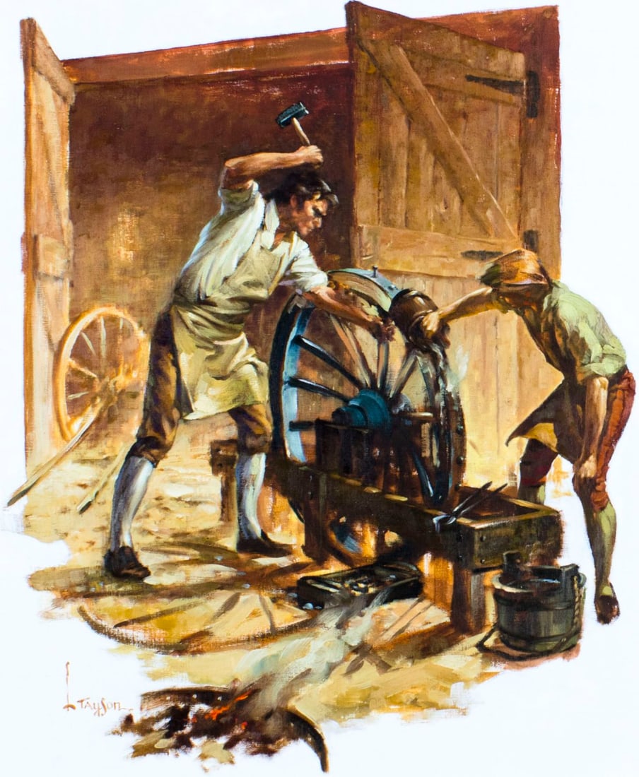 Lyle Tayson Sr (WY,1924-2014) oil painting: ARTIST: Lyle Tayson Sr (Wyoming, 1924 - 2014) NAME: Blacksmith MEDIUM: oil on canvas CONDITION: Very good. No visible inpaint under UV light. SIGHT SIZE: 30 x 24 inches / 76 x 60 cm