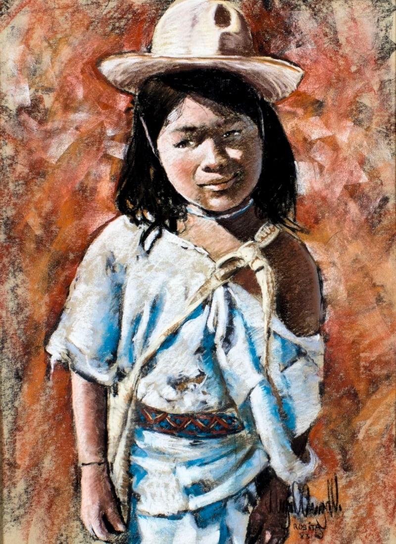 Vintage 20C American pastel painting signed: ARTIST: - (American, 20 century) NAME: Rosita YEAR: 1983 MEDIUM: pastel on paper CONDITION: Very good. Framed under glass. SIGHT SIZE: 23 x 17 inches / 58 x 43 cm <