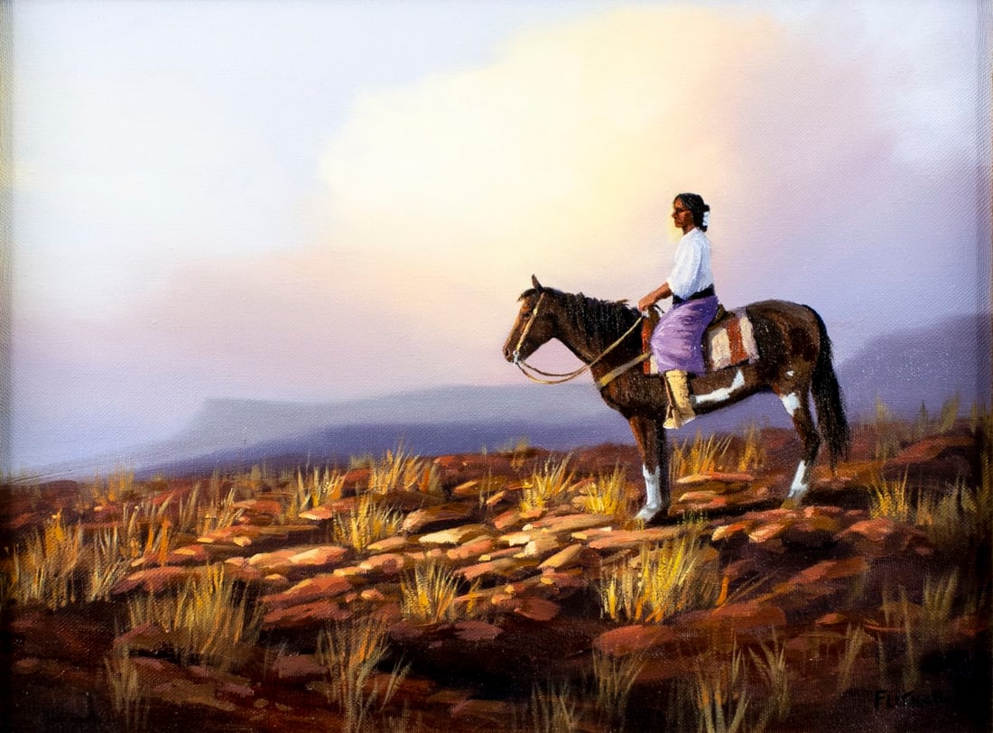 David Flitner (AZ,France,b 1949) oil painting: ARTIST: David Flitner (Arizona,French, born 1949) TITLE: Indian Man on Horse MEDIUM: oil on canvas CONDITION: Very good. No visible inpaint under UV light. ART SI