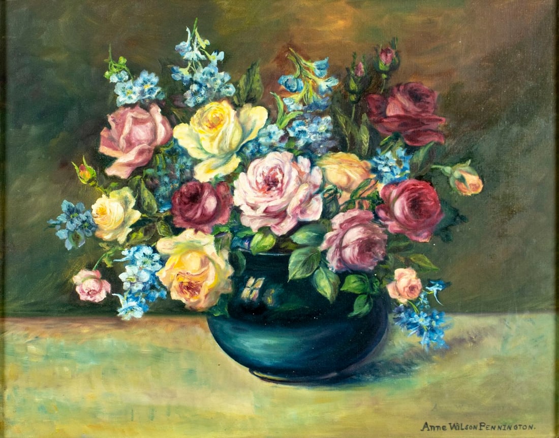 Anne Wilson Pennington (US,mid 20C) oil painting: ARTIST: Anne Wilson Pennington (American, mid 20 century) TITLE: Still Life with Vase of Flowers MEDIUM: oil on canvas CONDITION: Few small paint losses mostly in the lower