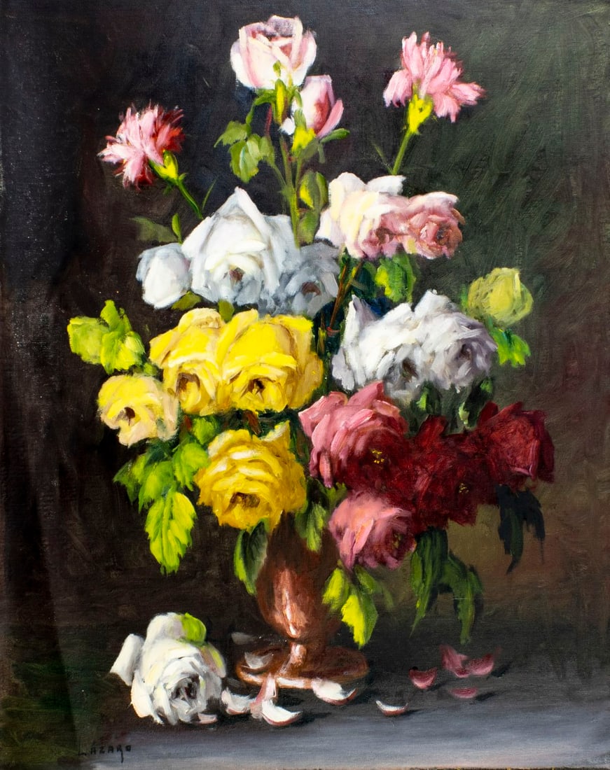 V Lazaro (Spain,1929-?) oil painting: ARTIST: V Lazaro (Spanish, 1929 - ???) TITLE: Still Life with Vase of Flowers MEDIUM: oil on canvas CONDITION: Unstretched (In-House stretching available) (In-House stretc