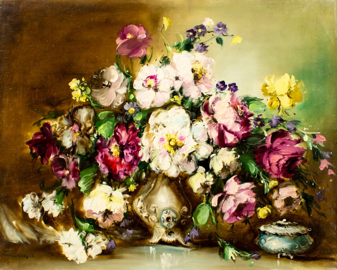 K Kassai (Europe,20C) oil painting: ARTIST: K Kassai (European, 20 century) TITLE: Still Life with Vase of Flowers MEDIUM: oil on canvas CONDITION: Unstretched (In-House stretching available) (In-House stretch