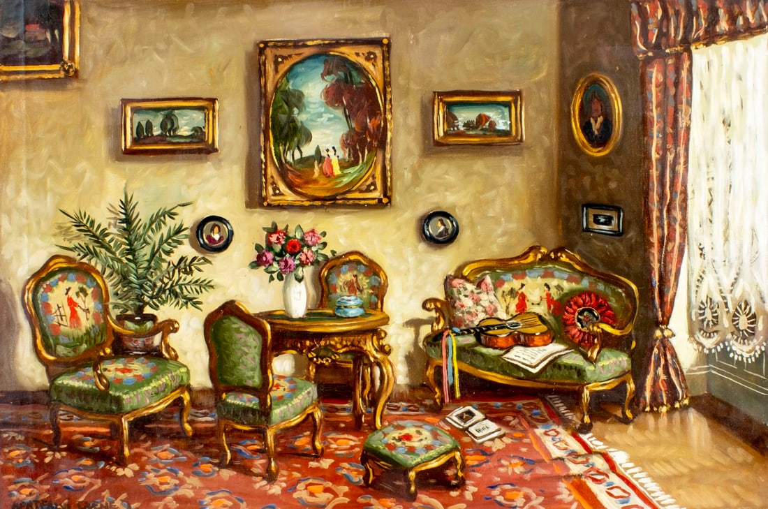 Janos Czene Apatfalvi (Hungary,1904-1984) oil painting: ARTIST: Janos Czene Apatfalvi (Hungarian, 1904 - 1984) TITLE: Interior Scene MEDIUM: oil on canvas CONDITION: Unstretched (In-House stretching available) (In-House stretch