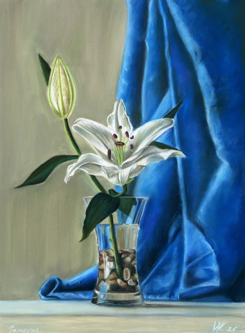 Ksenia Vasilchenko (Ukraine,b 1996) pastel painting: ARTIST: Ksenia Vasilchenko (Ukrainian, born 1996) TITLE: Still Life with Vase of Lilly MEDIUM: pastel on heavy paper CONDITION: Very good. ART SIZE: 16 x