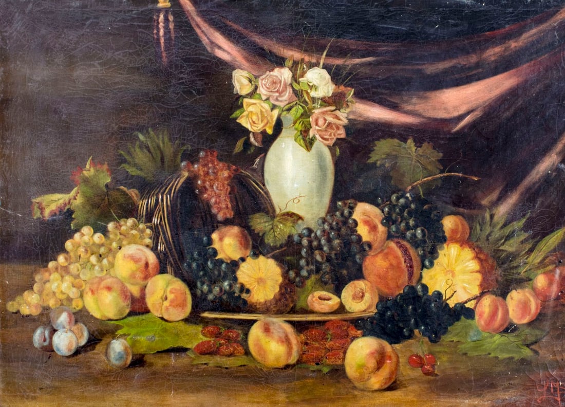 Antique 19C American oil painting signed: ARTIST: - (American, 19 century) TITLE: Still Life with Fruits MEDIUM: oil on canvas. Canvas applied to board. CONDITION: Some small scratches/paint losses. Some craquelure.