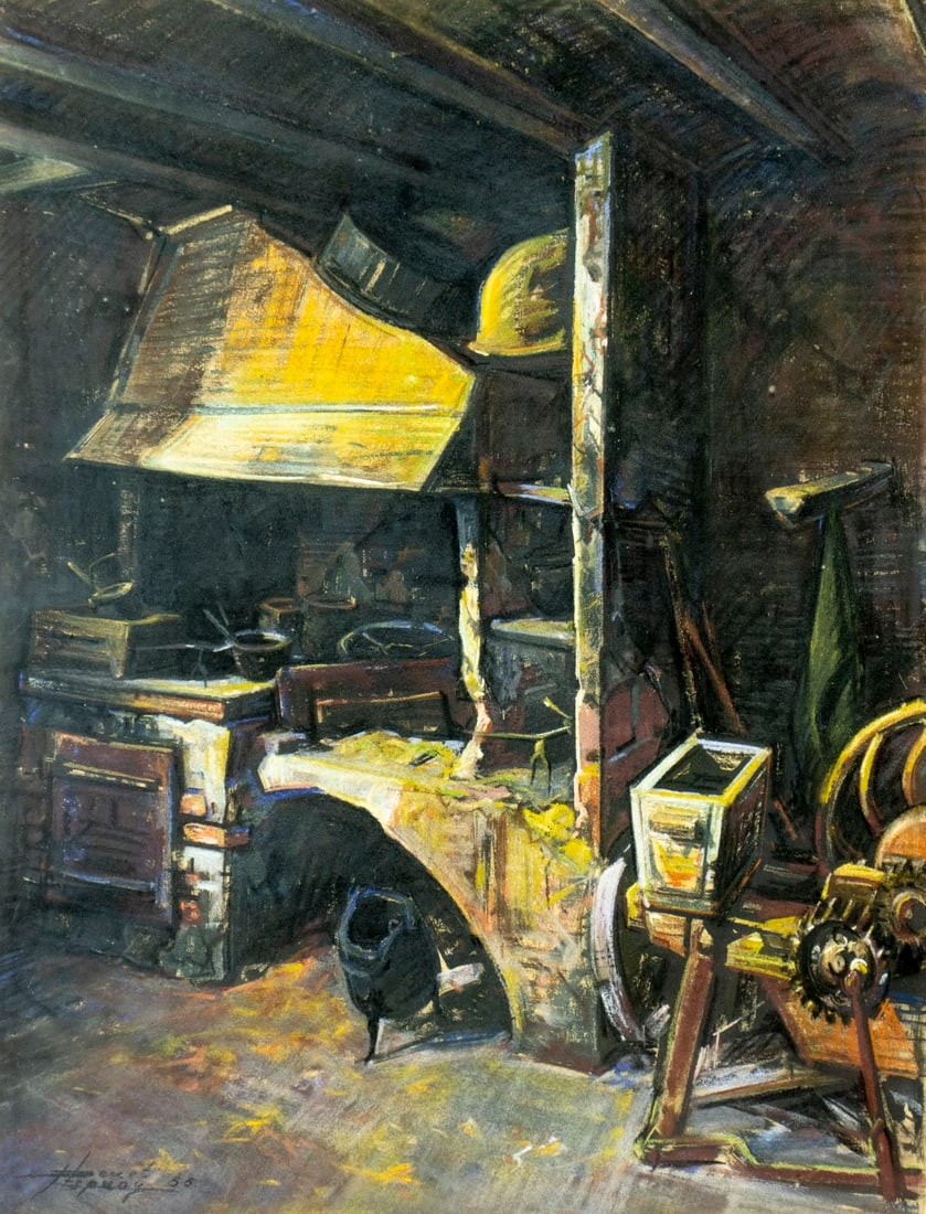 Vintage mid 20C American pastel painting signed: ARTIST: - (American, mid 20 century) TITLE: Interior Barn Scene YEAR: 1955 MEDIUM: pastel on paper CONDITION: Few minor scratches. Some age toning. Fra