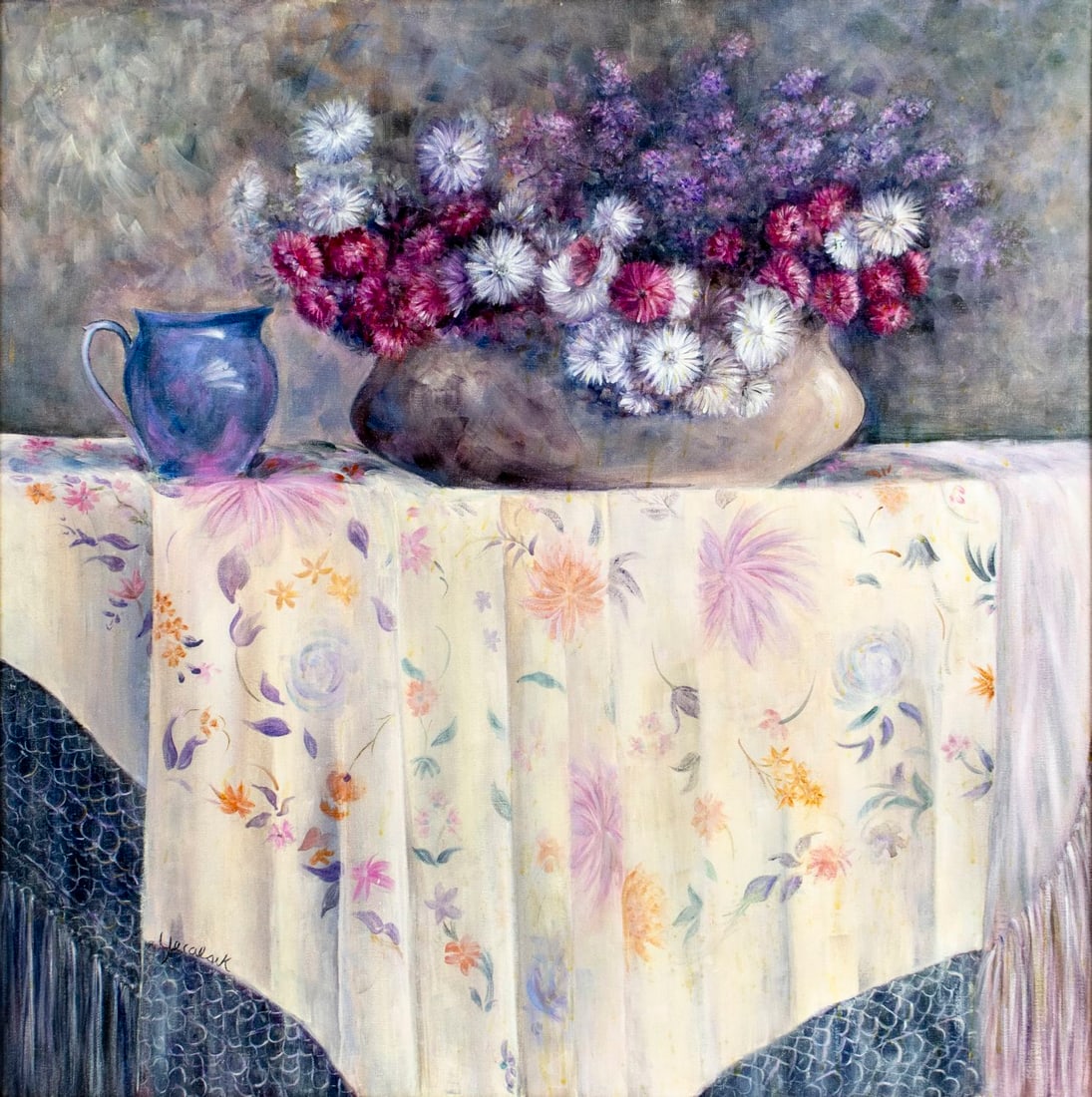 Yecalsik (US,20C) oil painting: ARTIST: Yecalsik (American, 20 century) TITLE: Still Life with Flowers and Jug MEDIUM: oil on canvas CONDITION: One puncture by the lower edge. Minor paint losses. No visibl