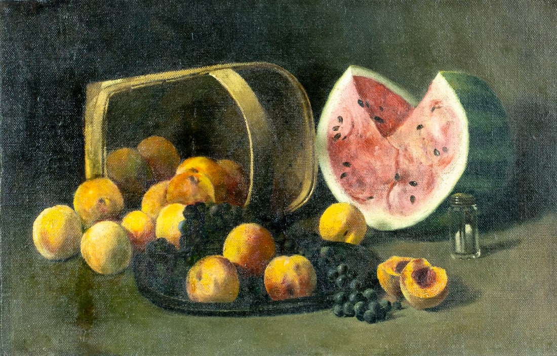 Vintage 20C American oil painting signed: ARTIST: - (American, 20 century) TITLE: Still Life with Fruit Basket MEDIUM: oil on canvas. Canvas applied to board. CONDITION: Some scattered inpaintings. Normal wear alo