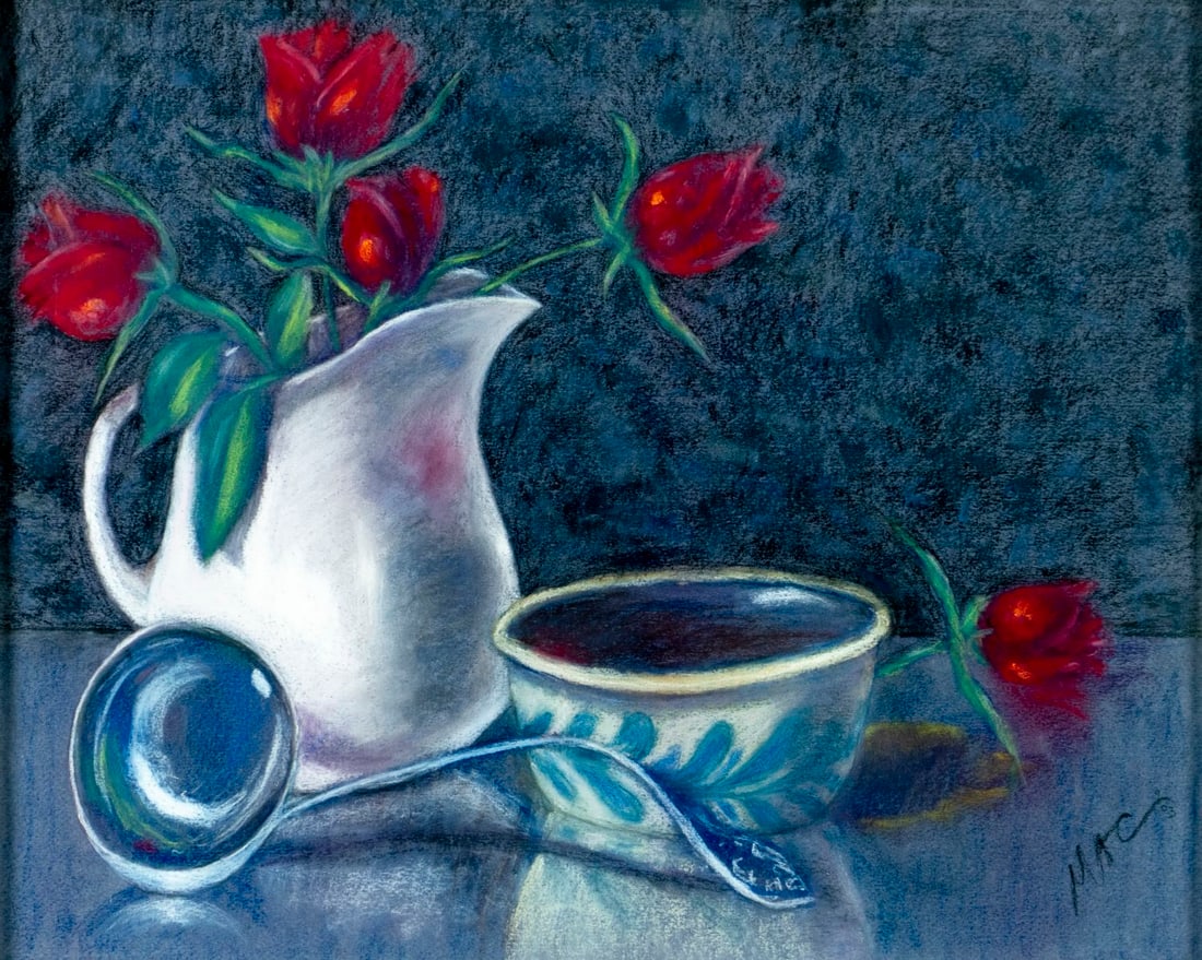 Mac (US,20/21C) pastel painting: ARTIST: Mac (American, 20/21 centuries) TITLE: Still Life with Jug of Flowers MEDIUM: pastel on paper CONDITION: Overall good. Framed under glass. Wear to frame.