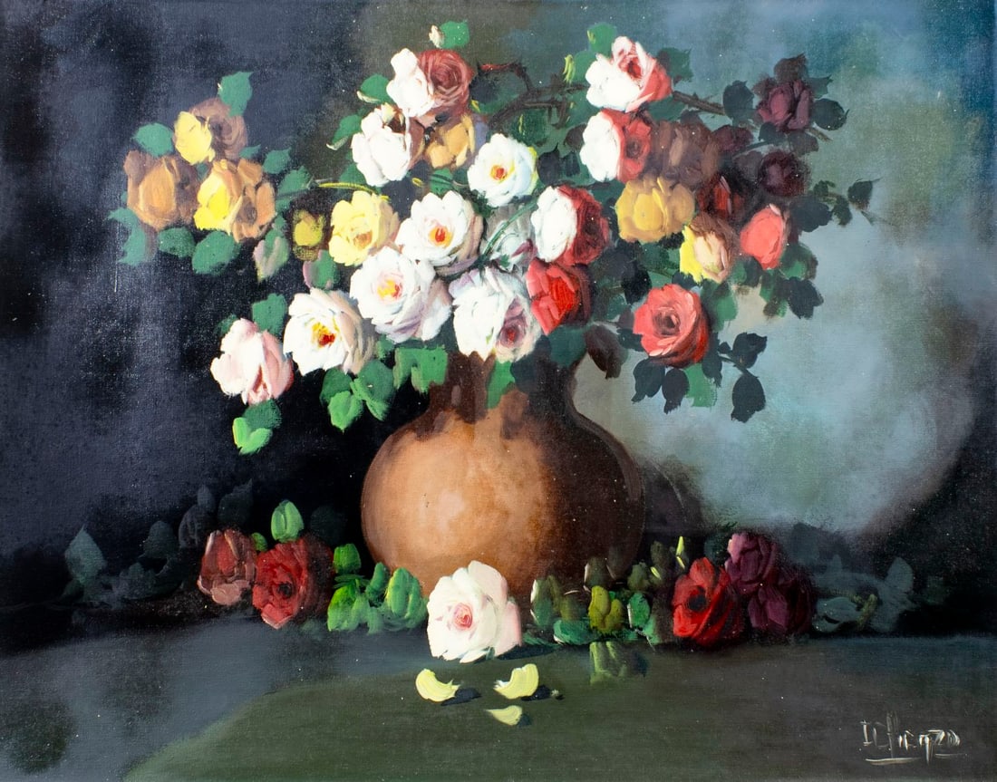 I Picero (Europe,20C) oil painting: ARTIST: I Picero (European, 20 century) TITLE: Still Life with Vase of Roses MEDIUM: oil on canvas CONDITION: Unstretched (In-House stretching available) (In-House stretchin