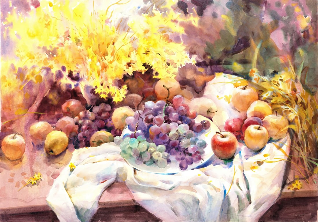 Guo (China,20C) watercolor painting: ARTIST: Guo (Chinese, 20 century) TITLE: Still Life with Flowers and Fruit MEDIUM: watercolor on heavy paper CONDITION: Overall good. ART SIZE: 28 x 39 i