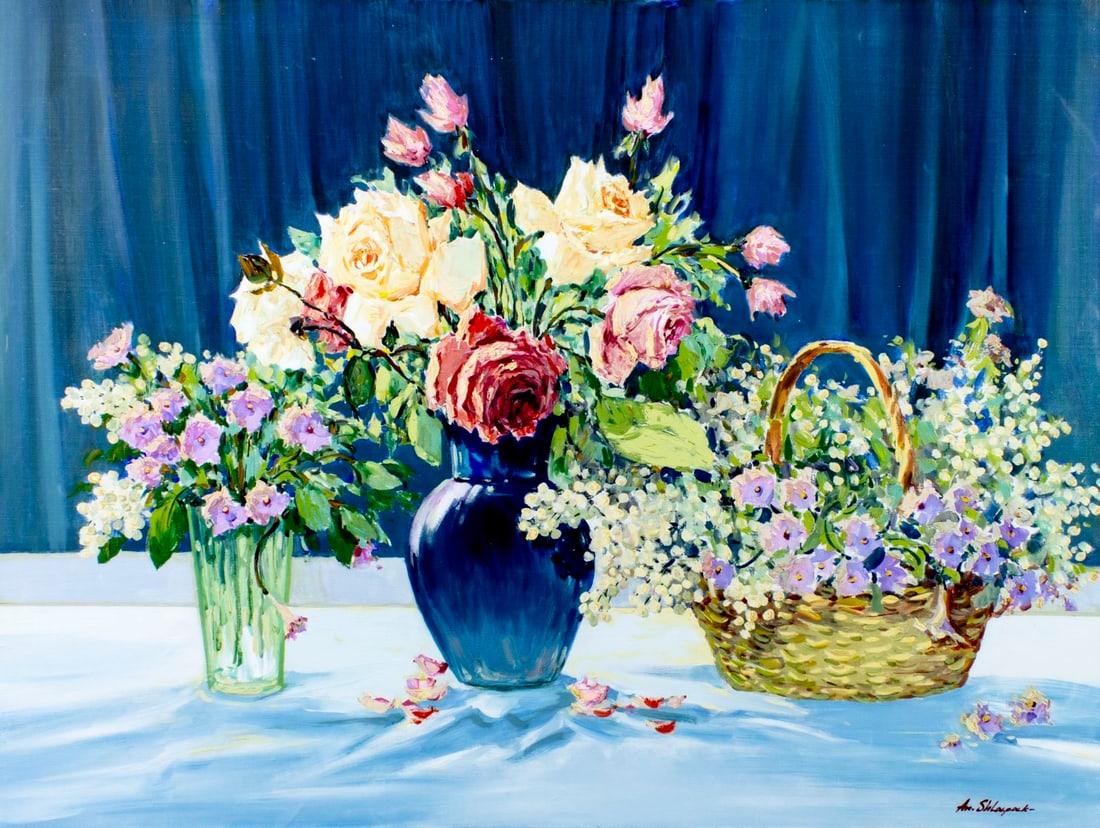 Anatoly Shlapak (Russia,1929-2014) oil painting: ARTIST: Anatoly Shlapak (Russian, 1929 - 2014) TITLE: Still Life with Vases of Flower MEDIUM: oil on canvas CONDITION: Unstretched (In-House stretching available) (In-Hous