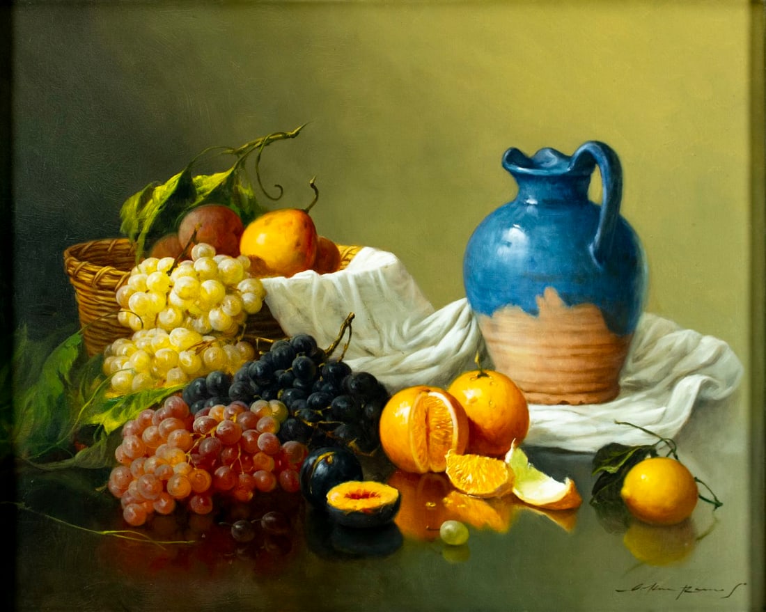 Oskar Ramos (Philippines,b 1948) oil painting: ARTIST: Oskar Ramos (Philippines, born 1948) TITLE: Still Life with Jug and Fruit MEDIUM: oil on canvas CONDITION: Few minor scratches/paint losses. Some craquelure. No visi