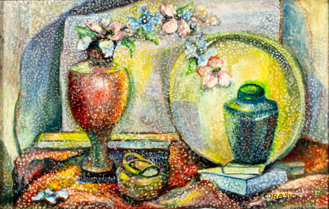William Corasick (PA,1907-2002) oil painting: ARTIST: William W Corasick (Pennsylvania, 1907 - 2002) TITLE: Still Life with Vases and Books MEDIUM: oil on board CONDITION: Two nail holes by the left edge. Some small p