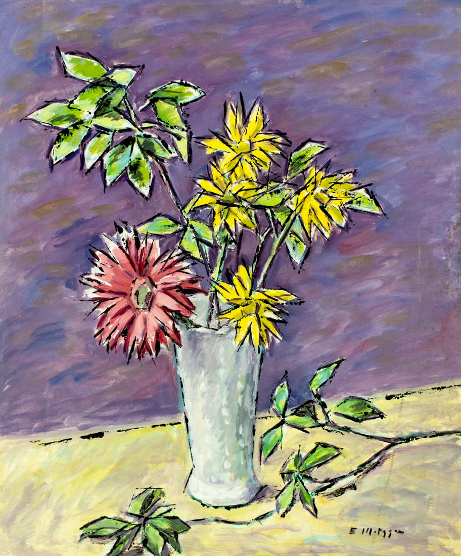 Evelyn Metzger (NY,Brazil,1911-2007) oil painting: ARTIST: Evelyn Borchard Metzger (New York, Brazilian, 1911 - 2007) TITLE: Still Life with Vase of Flowers MEDIUM: oil on board CONDITION: Some scratches/paint losses mostly