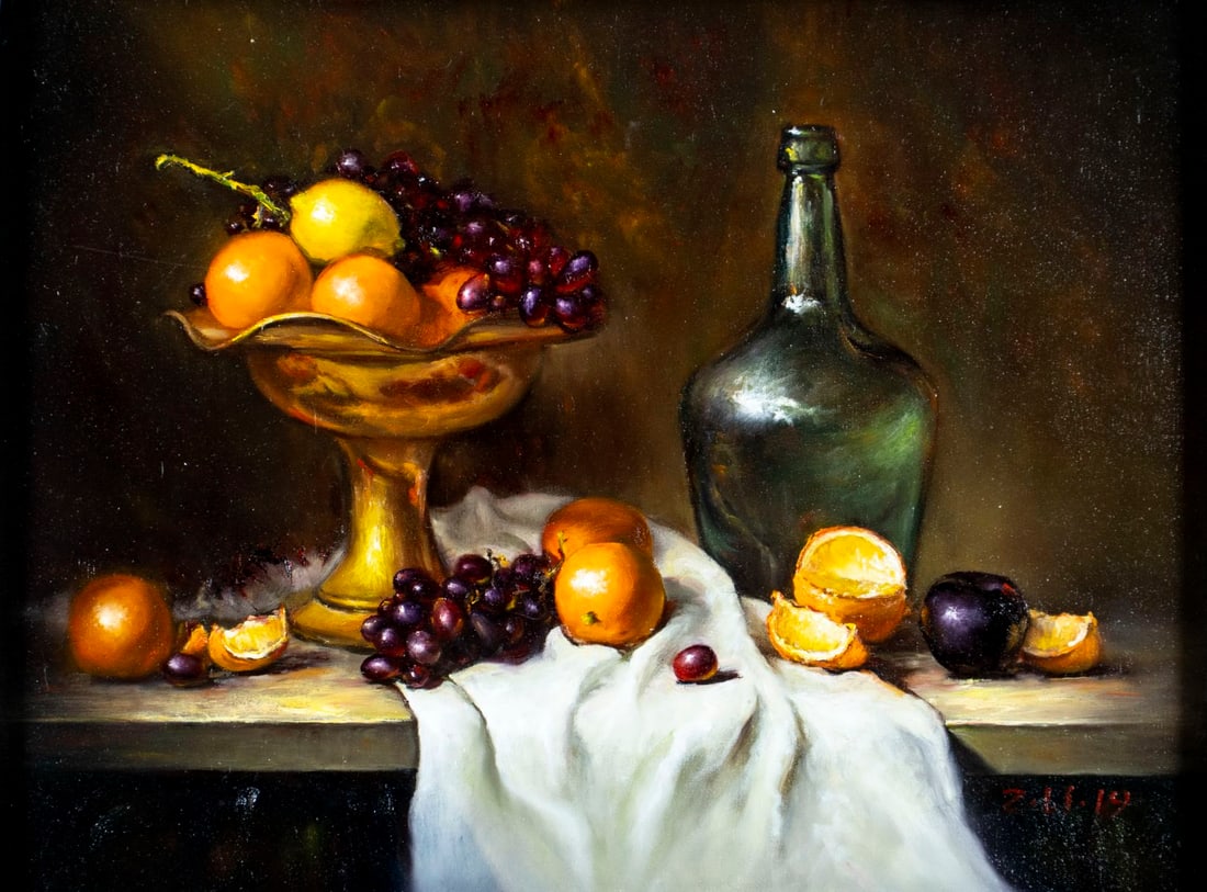 Zhi Li (NY,China,20/21C) oil painting: ARTIST: Zhi Li (New York, Chinese, 20/21 centuries) TITLE: Still Life - Joyful and Abundance (titled on label) YEAR: 2019 MEDIUM: oil on canvas CONDITION: