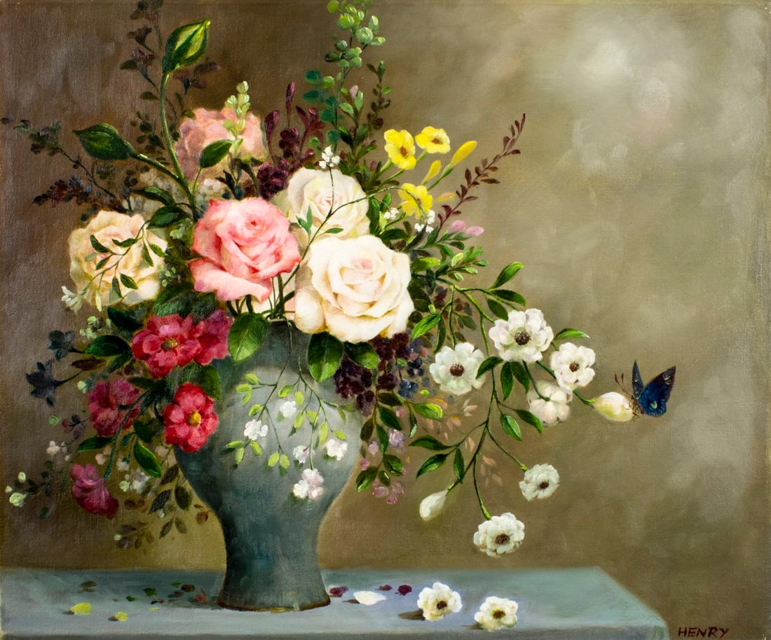 C S Henry (Europe,20C) oil painting: ARTIST: C S Henry (European, 20 century) TITLE: Still Life with Vase of Flowers MEDIUM: oil on canvas CONDITION: Unstretched (In-House stretching available) (In-House stretc