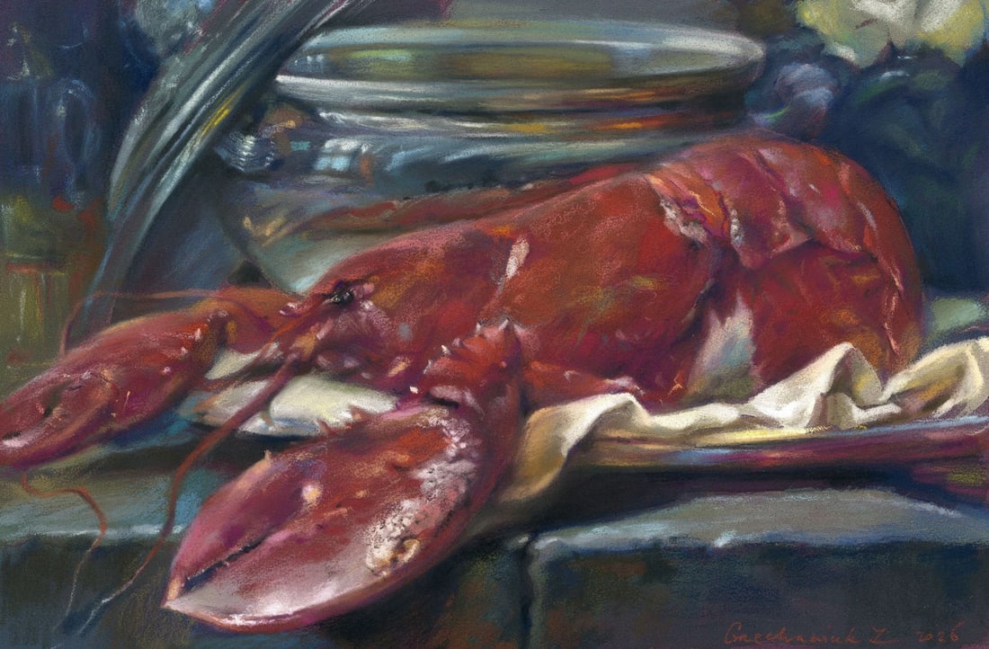 Zoya Grechanyuk (Ukraine,b 1977) gouache painting: ARTIST: Zoya Grechanyuk (Ukrainian, born 1977) TITLE: Still Life with Lobster MEDIUM: gouache on heavy paper CONDITION: Very good. ART SIZE: 8 x 12 inche